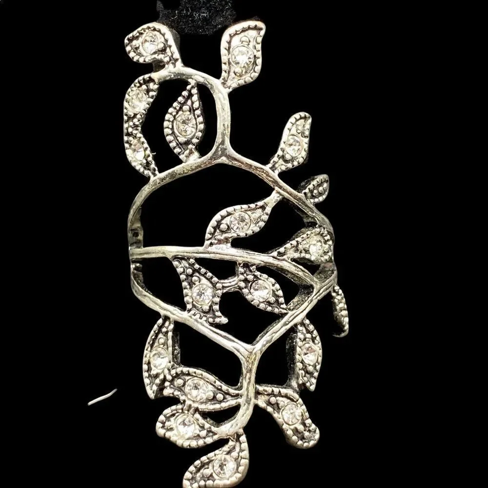 Silver tone vine ring with rhinestones marcasite style knuckle-to-knuckle